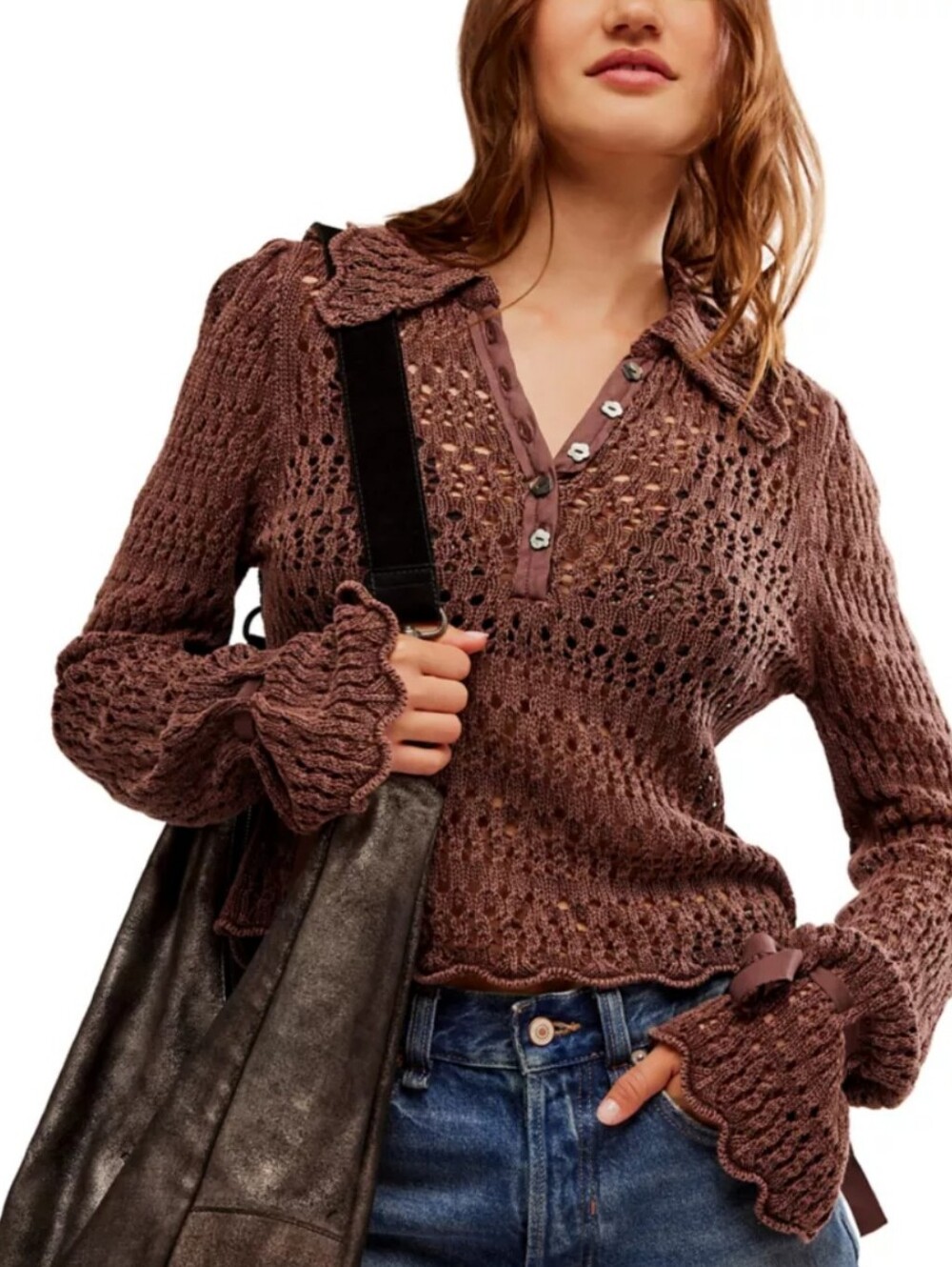 FREE PEOPLE Crocheted Pointelle Knit Henley Brown Plum Pullover Top M NWT